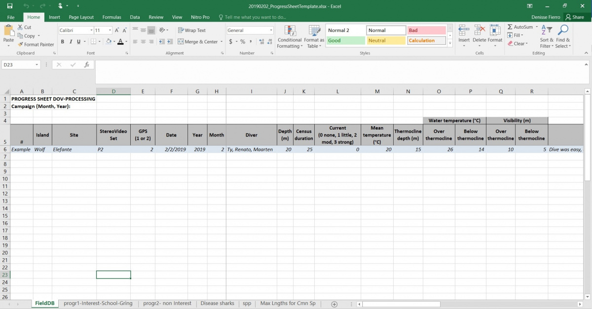 Figure 2 – Progress sheet example. Notice the spreadsheet has the six (6) tabs or sheets described in text.